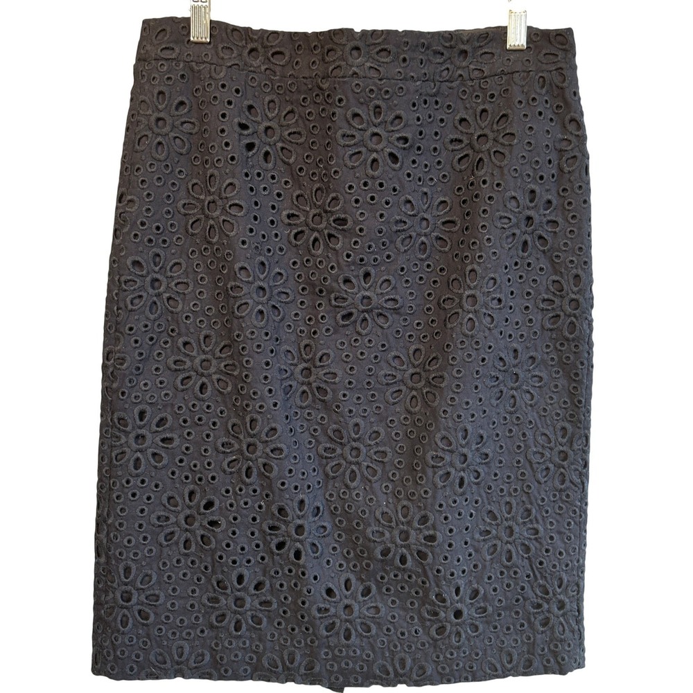 J.Crew Sz 6 Pencil Skirt Navy Blue Floral Eyelet Embroidery Cotton Blend Classic